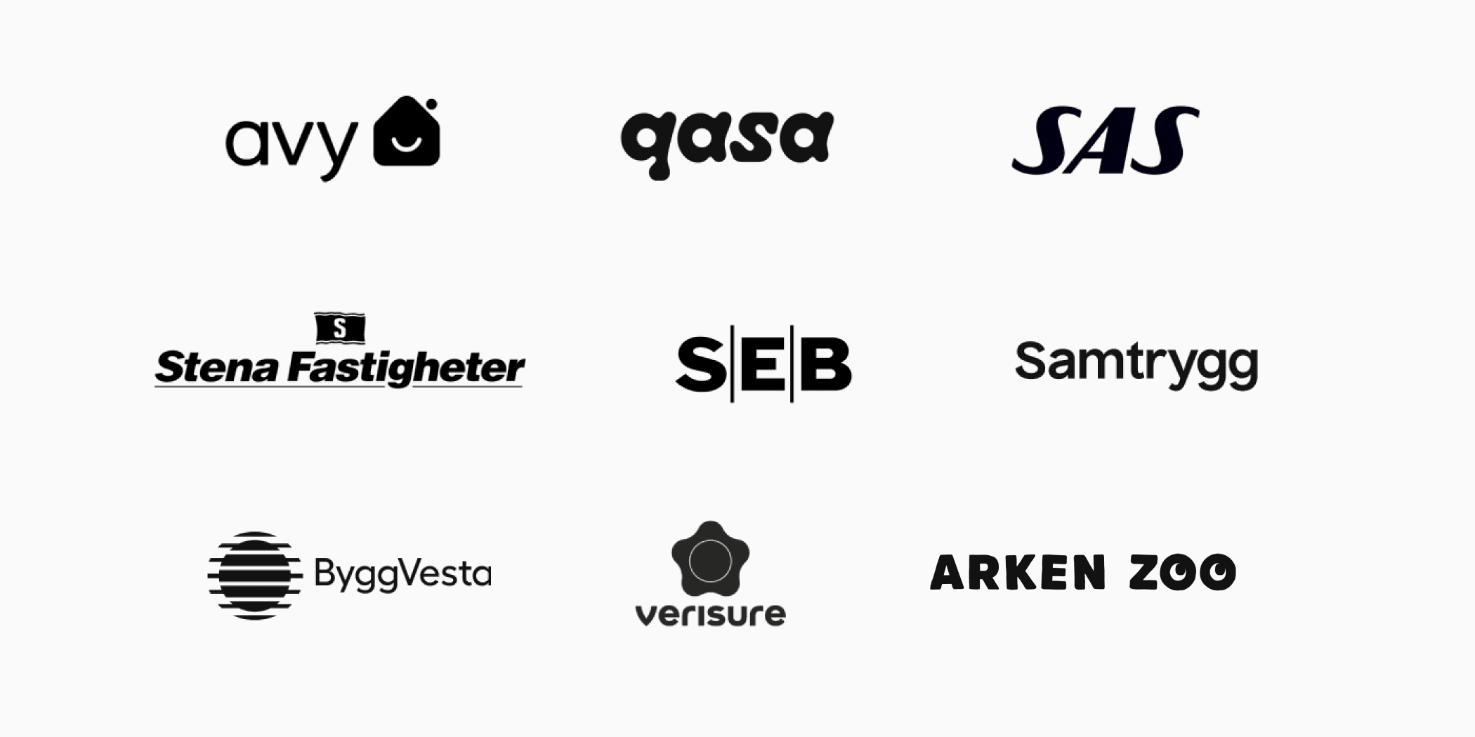 Avy, Qasa, SAS, Stena Fastigheter, SEB, Samtrygg, ByggVesta, Verisure, Arken Zoo